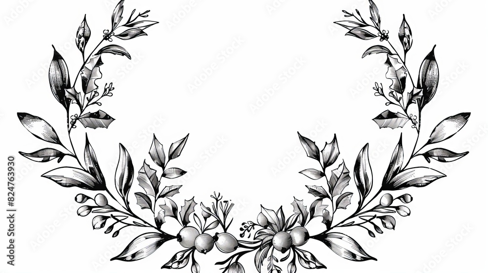 Black line divider doodle of mistletoe wreath pattern in PNG