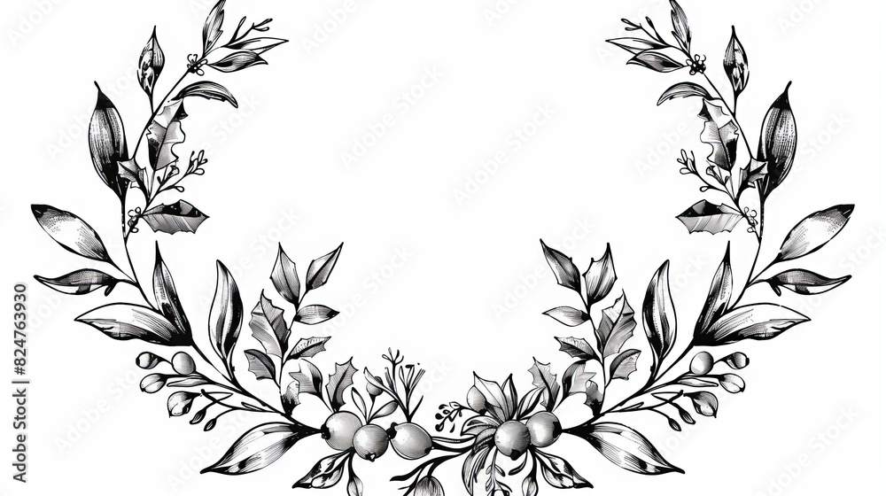 Black line divider doodle of mistletoe wreath pattern in PNG Black line divider doodle of mistletoe wreath pattern in PNG