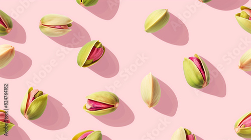 Realistic Pistachio Pattern in Shadow Play Style with Humorous Tone on Minimalist Pink Backgrounds, Isometric Birds-Eye-View in Cinestill 50d