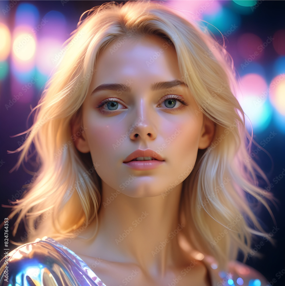Baby doll face blond adult woman with stunning blue eyes and bokeh colorful visual background Baby doll face blond adult woman with stunning blue eyes and bokeh colorful visual background