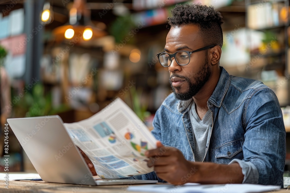 The man in the office reads documents The man in the office reads documents