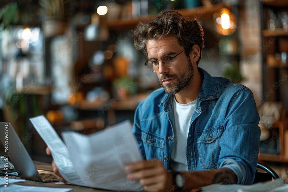 The man in the office reads documents The man in the office reads documents