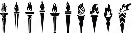 Torch and flame icons set in flat, Burning torch, isolated on transparent background symbol of victory success or achievement Olympic burning torch in the Eiffel Tower World Games. vector for app web,