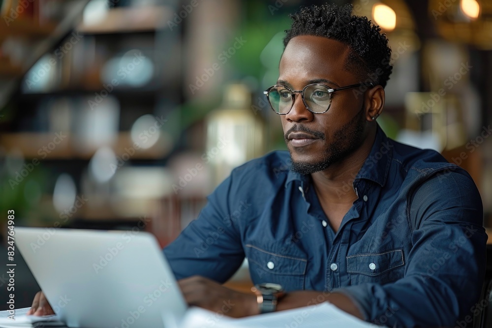 The man in the office reads documents The man in the office reads documents