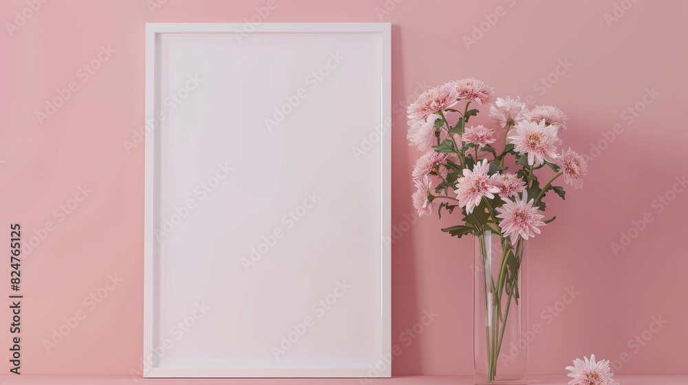 Decorative vase with chrysanthemums and a white picture frame Decorative vase with chrysanthemums and a white picture frame