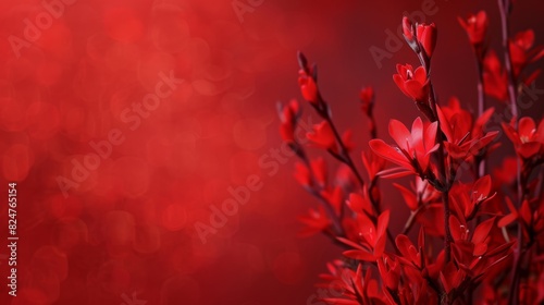 The background of red flowers, anigozanthos rampaging roy slaven, the design space are all depicted in the image. photo