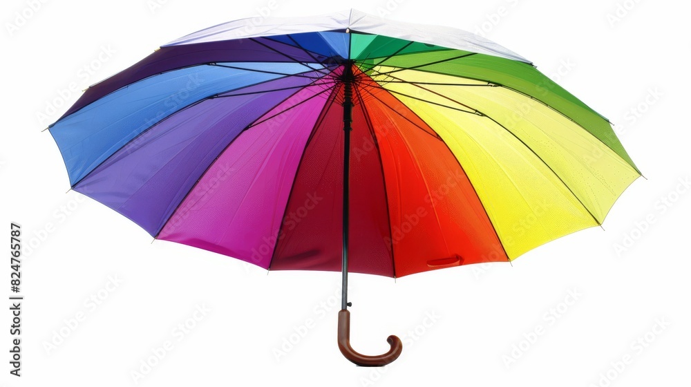 A rainbow umbrella sheltering on a white background.