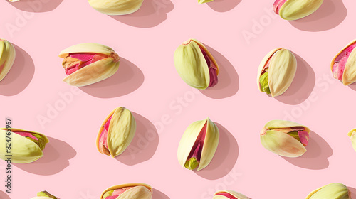 Realistic Pistachio Pattern in Shadow Play Style with Humorous Tone on Minimalist Pink Backgrounds, Isometric Birds-Eye-View in Cinestill 50d
