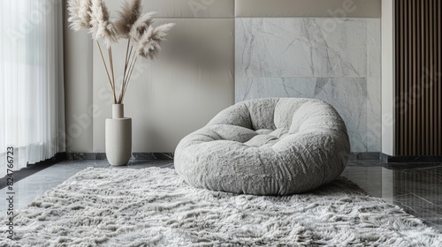 Grey fluffy rounded shape floor carpet design photo