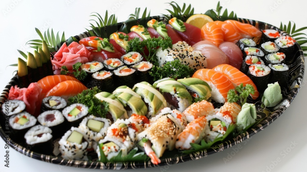 A beautifully arranged sushi platter with assorted nigiri and maki rolls, adorned with fresh wasabi and pickled ginger. A beautifully arranged sushi platter with assorted nigiri and maki rolls, adorned with fresh wasabi and pickled ginger.