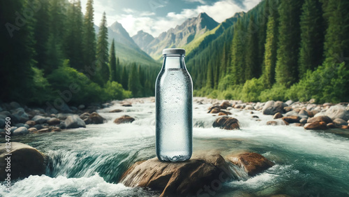 mockup featuring a glass bottle filled with clear, clean water