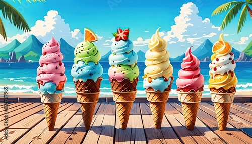 Freshy various ice creams on tropical beach with sea and blue sky background. photo