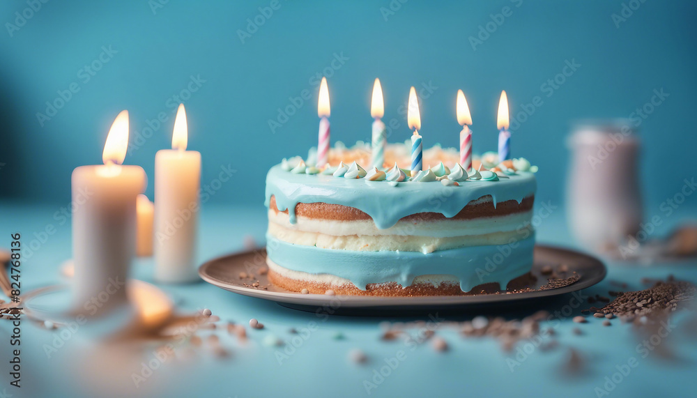 Delicious birthday cake with candles on light blue background
Delicious birthday cake with candles on light blue background