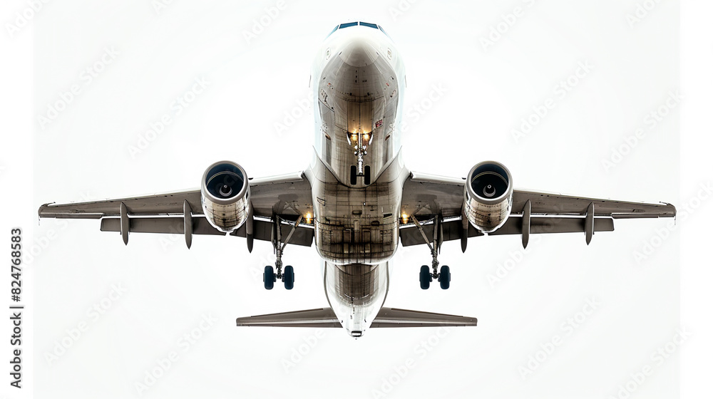 Fototapeta premium Large jetliner soaring through clear white sky with no other visible objects