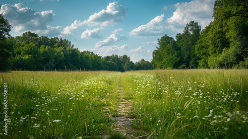 The scene depicts an empty walking path through grassland in an outdoor pasture. photo