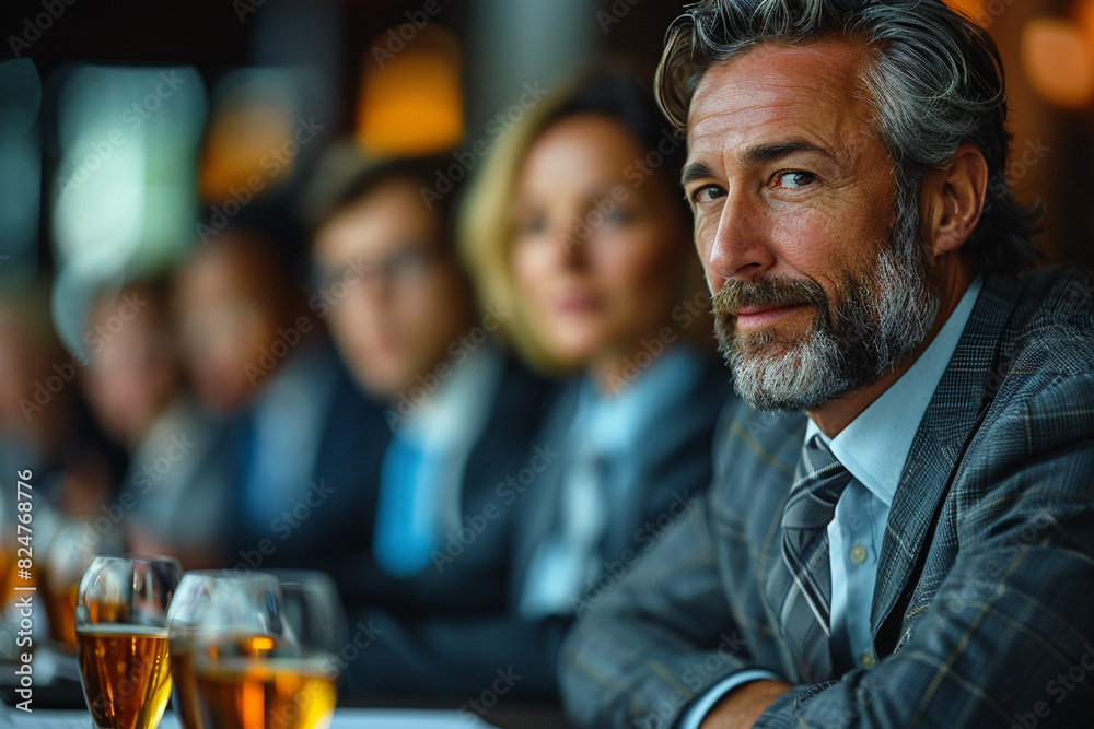 Corporate business team and manager having meeting while seated around table with drinks Corporate business team and manager having meeting while seated around table with drinks