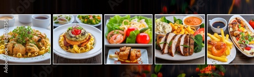 A collage of various food products decorated in plates