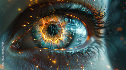 Close-up view of persons eye with intense bright lights illuminating it in high-tech environment