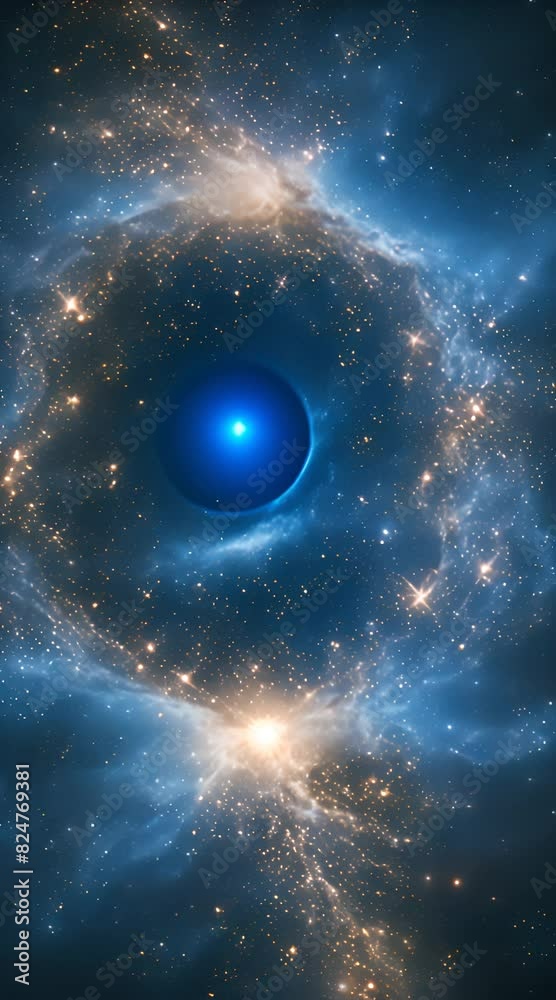 A dazzling abstract blue light explosion expands in the dark space, forming a giant, glowing human eye A dazzling abstract blue light explosion expands in the dark space, forming a giant, glowing human eye