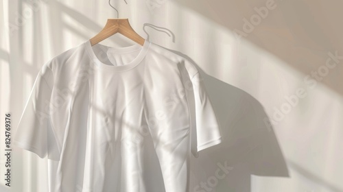 An easy-to-make white male t-shirt mockup displayed on a wooden hanger