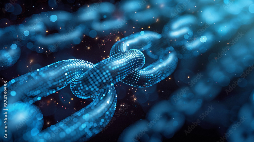 Blue chain stands in the center of dark abstract background Blue chain stands in the center of dark abstract background