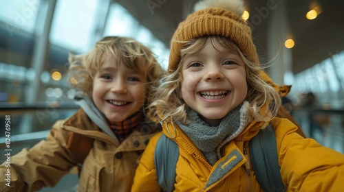 Cheerful children take a selfie as they explore the airport, smiling brightly in their matching yellow coats