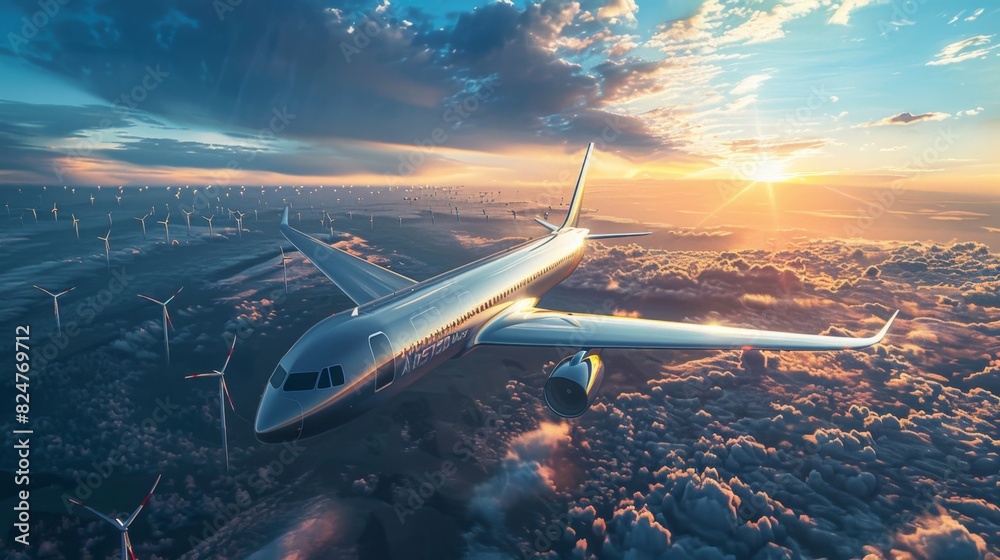 Fototapeta premium Eco-Friendly Future: Modern Aircraft Using Biofuel Technology Soars Over Wind Turbines in Sustainable Skies