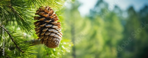 Close-up of a pine cone hanging from a tree branch  with a lush forest background  capturing the beauty of nature in detail.