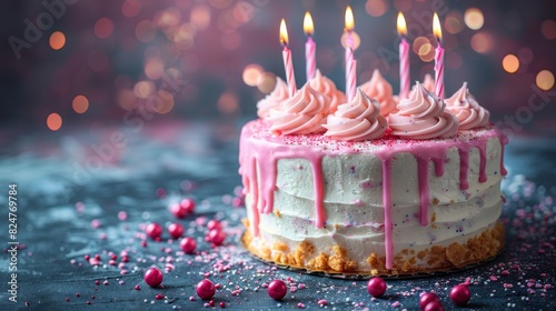 Delicious birthday celebration cake with pink icing, candles and candy decorations on a dark surface
