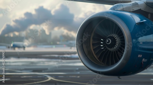 Powerful Airplane Engine Close-up with Exhaust Emissions in Background photo