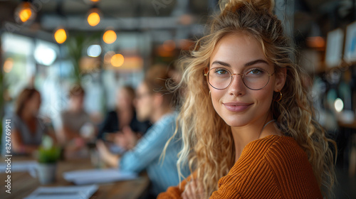 Wallpaper Mural Woman wearing glasses sits at table, engaged in conversation or work. Business discussion Torontodigital.ca