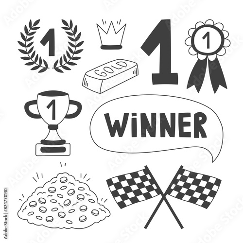 First place winner doodle icons set. Hand drawn collection of awards and rewards. Success symbols. Trophy cup ribbon checkered flag crown laurel wreath. Vector illustration