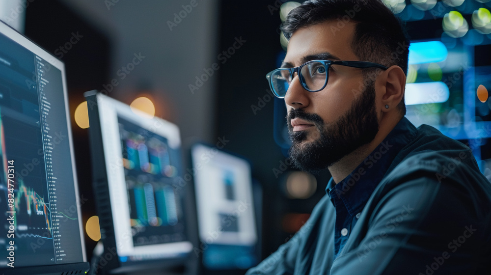 Fototapeta premium Man with glasses is focused on computer screen, working or analyzing data. Network engineer