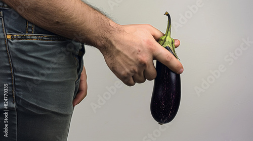 Man is holding an eggplant in his pocket, health ptoblems. Men's health problems, impotence photo