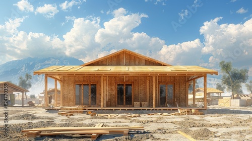A construction site with the framework of a new residential house being built under a sunny sky with mountains in the background © familymedia