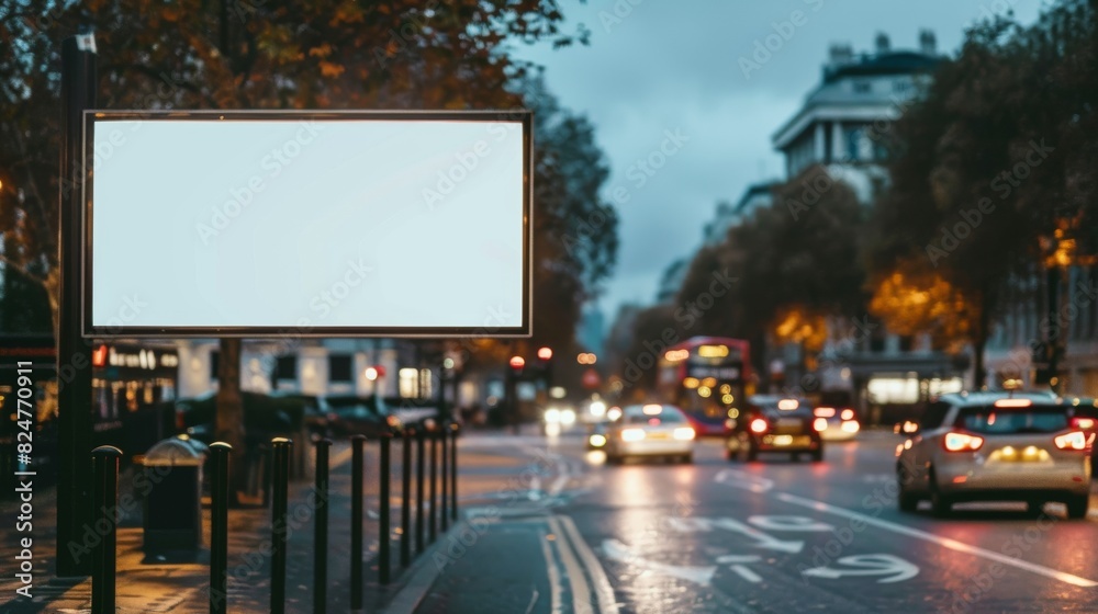 By the street of London, there is a billboard with design space By the street of London, there is a billboard with design space