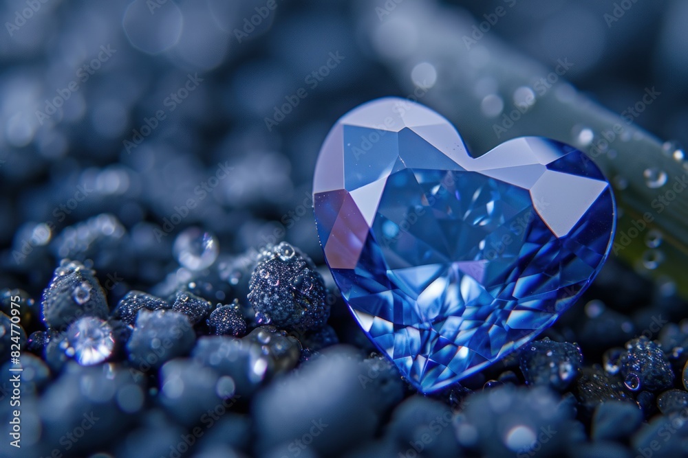 Close-up of a sparkling blue crystal heart among water droplets Close-up of a sparkling blue crystal heart among water droplets
