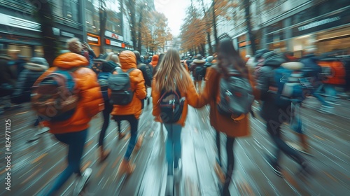 The image captures a bustling urban street scene with pedestrians in motion blur exemplifying the pace of city life