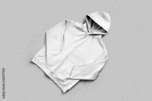 Mockup of white oversized hoodie with hood, ties, pocket, presentation of clothes diagonally, front view, pullover isolated on background.