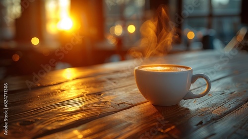 This image captures a hot cup of coffee on a wooden table with a beautifully blurred cafe ambiance in the background photo