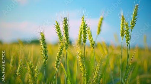 Blue sky  a large wheat field  close-up of green and yellow wheat ears in the foreground  blurred background  yellow and green