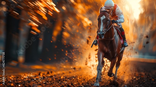 A jockey in a red jacket rides a horse at high speed on a racetrack, showcasing motion blur © familymedia