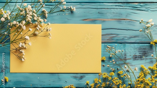 Yellow blank card with laceleaf flower on flat lay photo