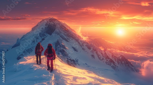 Two mountaineers trekking on a snowy mountain peak during a breathtaking sunset with clouds below