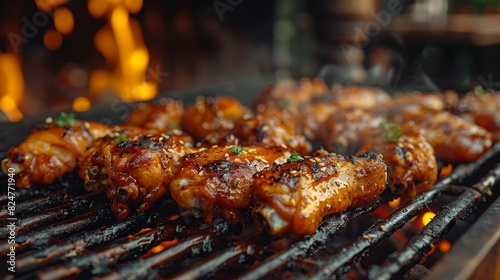 Perfectly cooked chicken skewers on a grill with hot flames licking the savory meat, sprinkled with fresh herbs