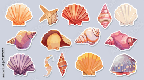 Sea shells cute stickers vector set on the background