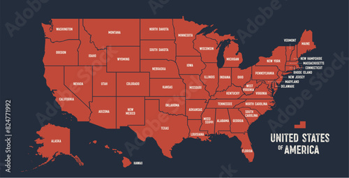 USA Map. Poster map of United States of America. Print of USA with name states, poster or geographic, political theme. Infographic graphic design print map of USA states. Vector Illustration