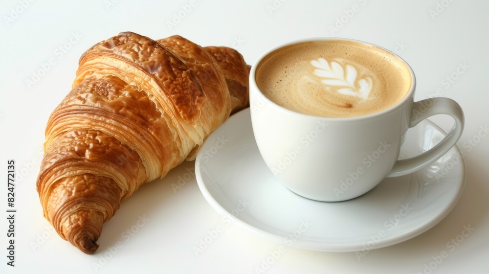 Croissant and Cappuccino on White Plate Croissant and Cappuccino on White Plate