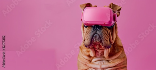 chinese shar-pei in high heels and with a pink vr on top of her head in hot pink, fashion, copy space for text photo