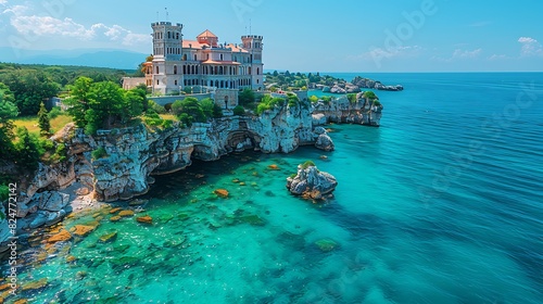 A majestic castle perched atop a cliff, surrounded by lush greenery and overlooking the ocean, transporting visitors to a fairytale-like tourist attraction. photo